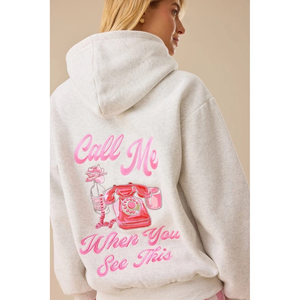 Altar'd State Call Me When You See This Embroidered Hoodie Grey Pink Size XXS